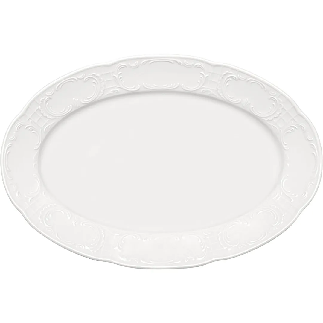 Libbey 657203612000000 Mozart Oval Porcelain Platter 14" x 9.5" Embossed Rim Microwave Safe - Case
