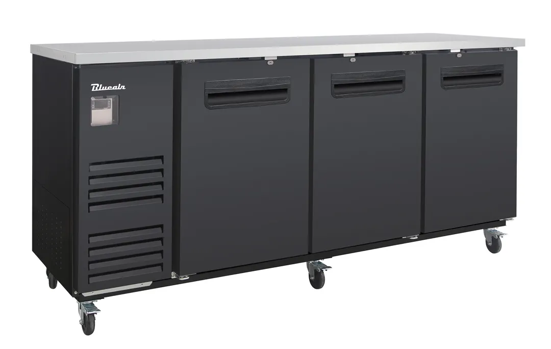 Blue Air BLBB90-4B-HC 90" Back Bar Cooler, 3 Solid Doors, 6 Shelves, Stainless Steel Top, Black, 115V