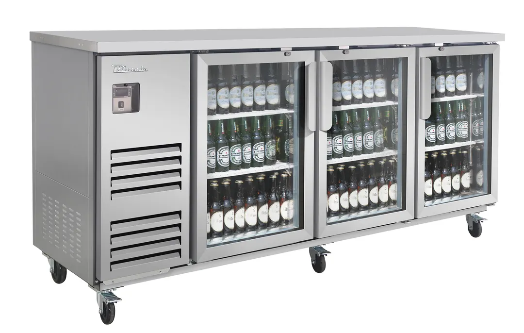 Blue Air BLBB90-4SG-HC Bar Cooler 90" Wide, 3‑Door Glass, 6 Shelves, R290, 1/3 HP 115V