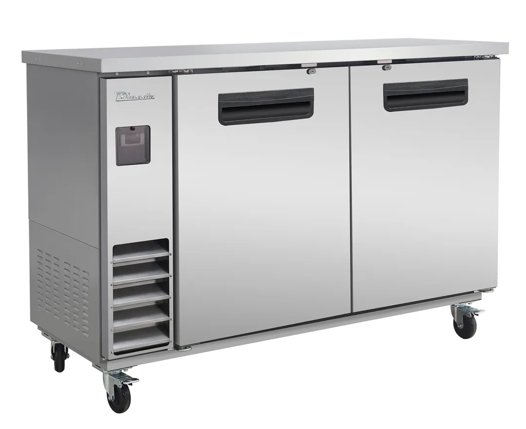 Blue Air BLNBB-60S-HC Back Bar Cooler, 61-1/8" W, 22-26" D, Stainless Steel, 2 Solid Doors, 4 Shelves