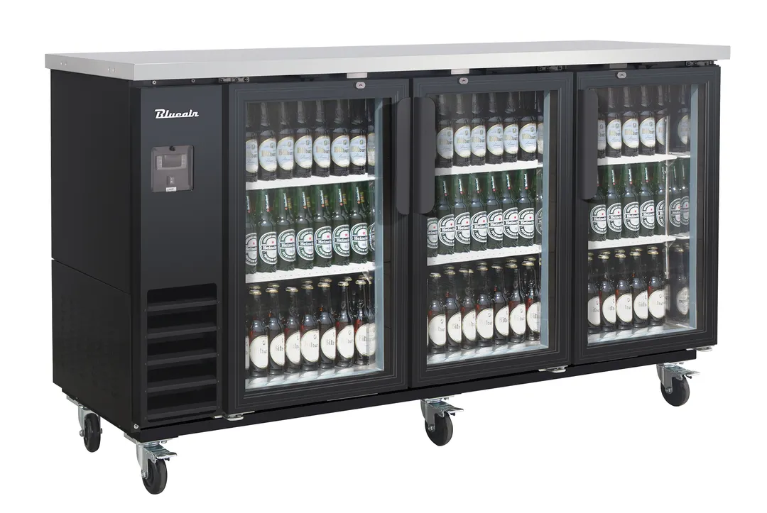 Blue Air BLNBB-72BG-HC Back Bar Cooler, 73" W x 22" D, 3 Glass Doors, Stainless Top, Black, R290, 115V