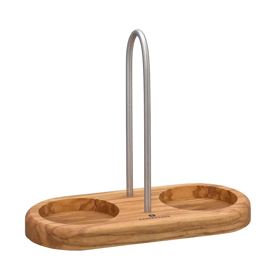 Zassenhaus M036060 Oil & Vinegar Cruet Set, 2.75"W x 7"D x 6"H Olive Wood with Wood Rack