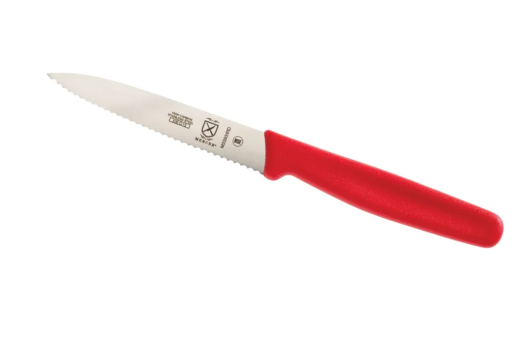 Mercer M33931RDB Bar Knife - 4" Wavy Edge, High Carbon Steel Blade, Red Handle, NSF Certified