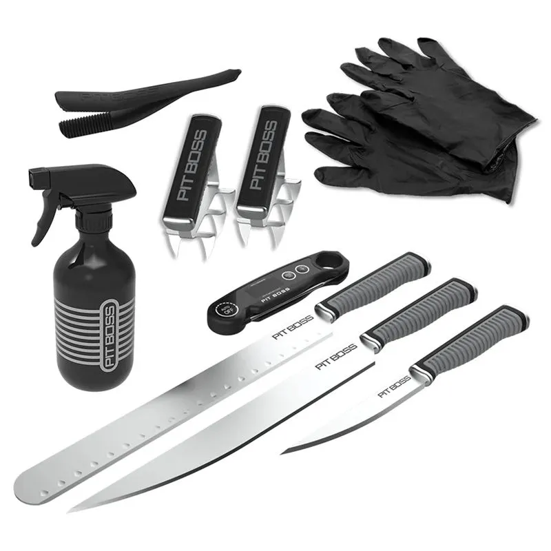 Pit Boss BBQ PIT KIT - 3 Knives, Meat Shredder, Rib Tool, Spritz Bottle, Thermometer, 10 Prep Gloves