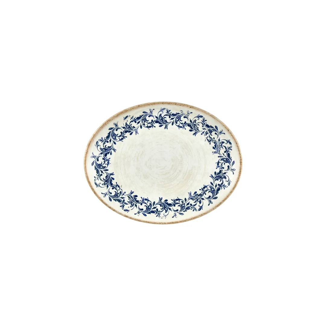 Turgla T-KRAZT25OV-12 Kario Oval China Plate, 9.75" x 7.5" x 1" Porcelain, Blue Vitrified Finish