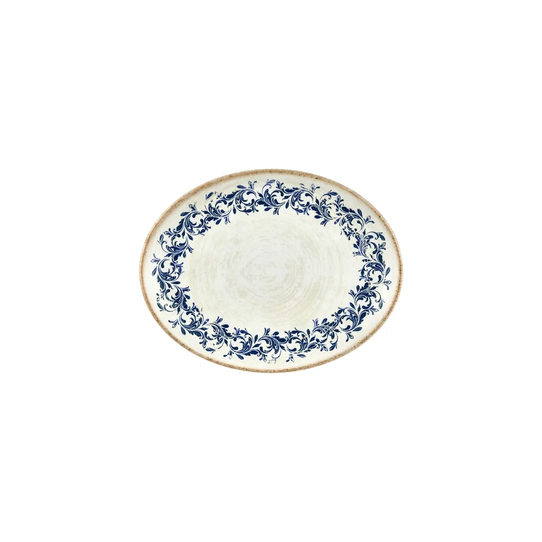 Turgla T-KRAZT25OV-12 Kario Oval China Plate, 9.75" x 7.5" x 1" Porcelain, Blue Vitrified Finish
