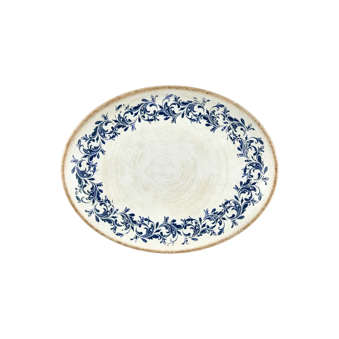 Turgla T-KRAZT31OV-6 Kario Oval China Platter, 12" x 9.5" x 1" Porcelain, Blue Vitrified Finish