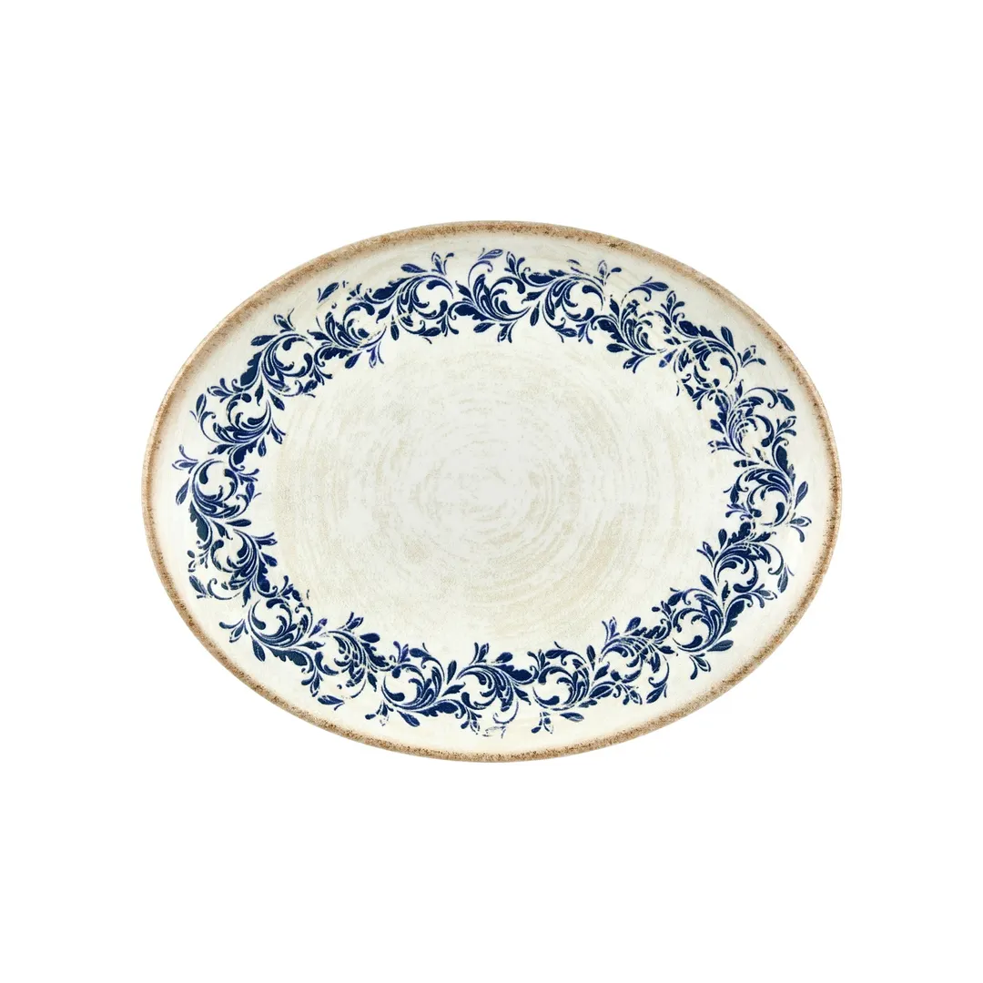 Turgla T-KRAZT36OV-6 Kario Oval China Platter, 14" x 11" x 1.25" Porcelain, Blue Vitrified Finish