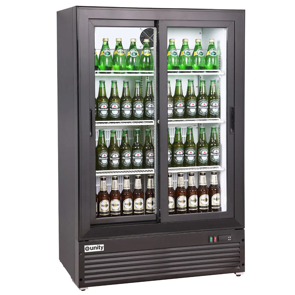 Unity BLU-36SB Merchandiser Refrigerator 36" Sliding Glass Doors 10 cu ft Black Temp Control 115V