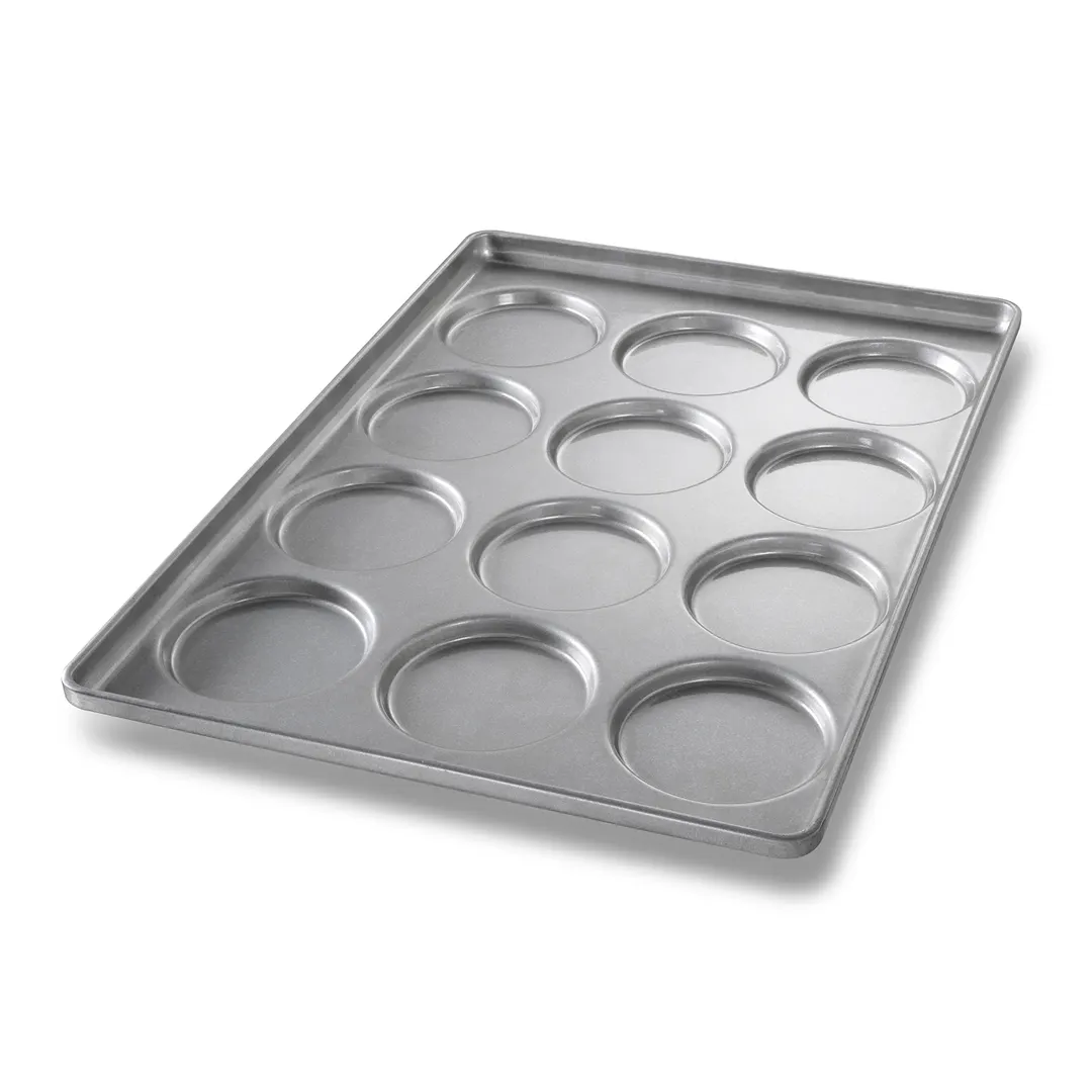 Chicago Metallic Bakeware 41005 Hamburger Bun Pan, 12-Cup 5" Muffin Pan, 17-1/2"x25-3/4"x1-1/2" Aluminized Steel,