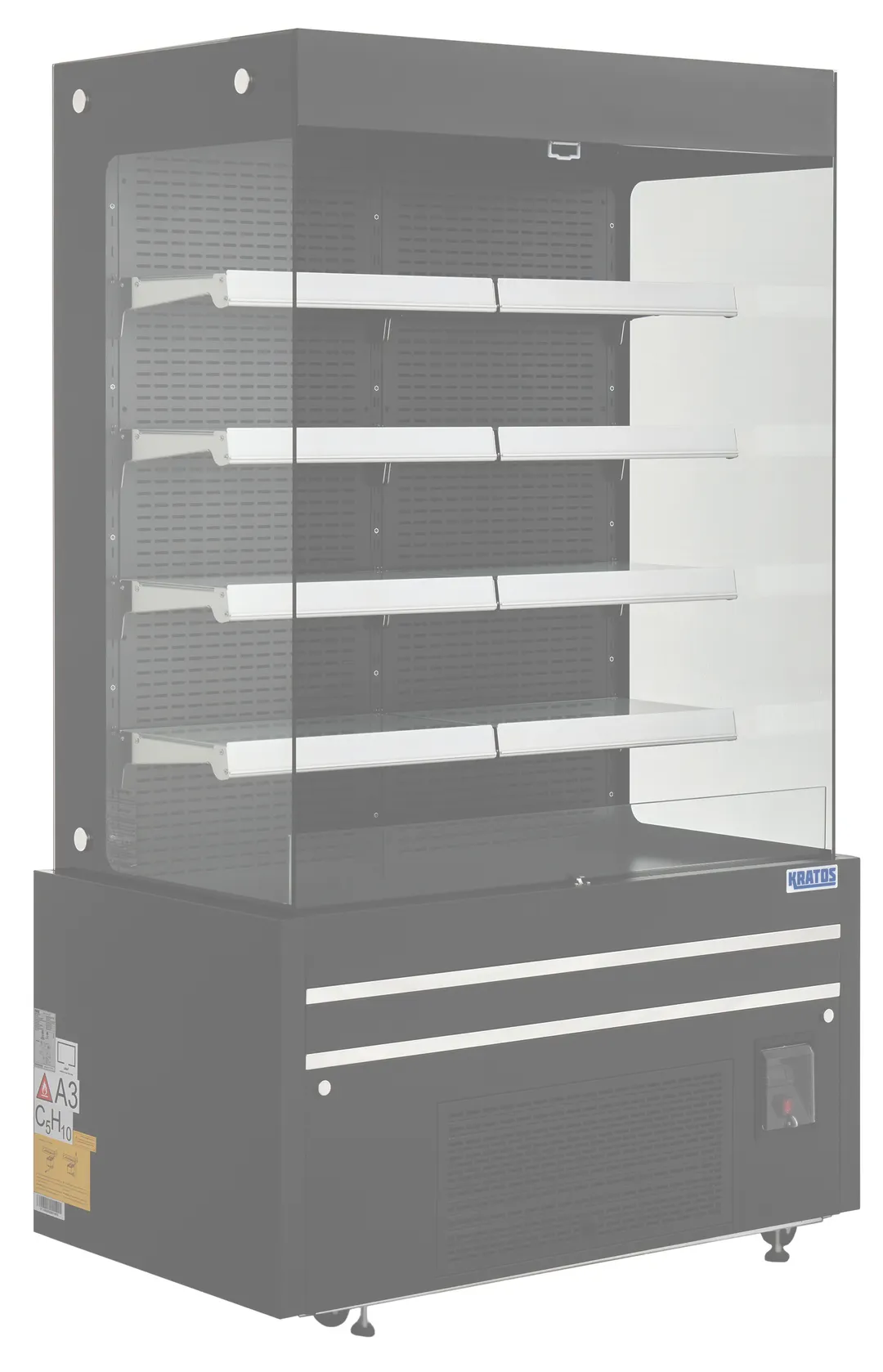 Hubert 103408 Open Air Merchandiser, 48" W x 96" H, 26.8 cu ft, Black, LED, 4 Glass Shelves, Auto Defrost