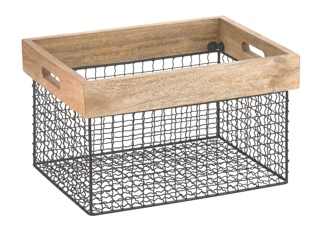Hubert 81697 - Wood & Wire Crate, 15"-3/4 L x 11"-3/4 W x 9"1/2 H, 8 lb Capacity, Natural Wood, Black Base