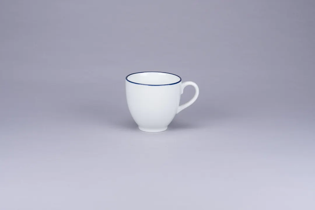 RAK Porcelain ASCLCU28CD25145 - 9.4 oz White Coffee Cup, 3.56" Dia x 3.35" H, Blue Rim - 12/Case