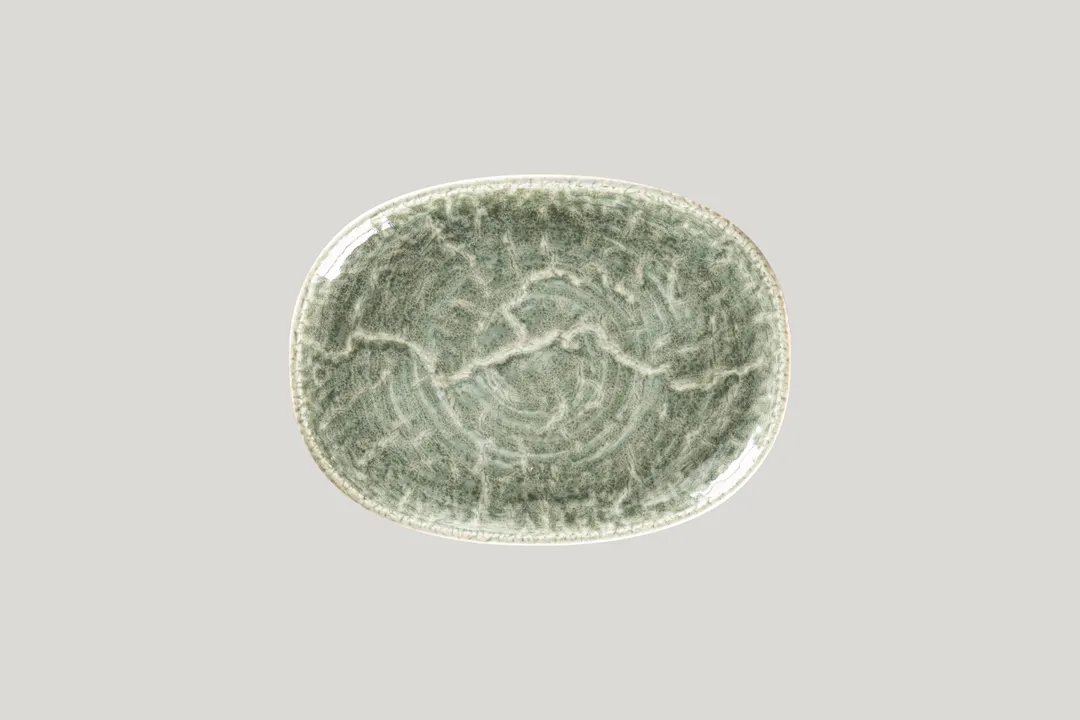 RAK Porcelain KSOP25SG - Oval Krush Platter 9.85" x 7.3" Sage Porcelain Coupe Rim, 12/Case