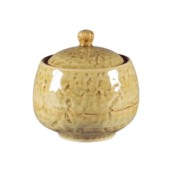 RAK Porcelain KSSU25OC - 8.45 oz Round Sugar Bowl with Lid, Porcelain Ocher, 8 oz Capacity - 6/Case