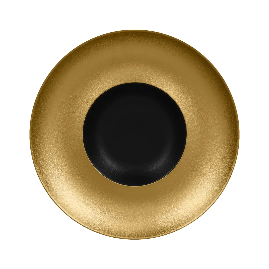 RAK Porcelain MFFDGD29GB Plate, 11-2/5" (11.4") Round Deep Rim, Black/Gold Porcelain Finish - 6/Case