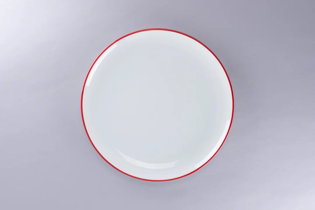RAK Porcelain ONPR27CD25146 Flat Coupe Plate, 10.65" Dia x 1.05" H, White Porcelain Red Rim, 12/Case