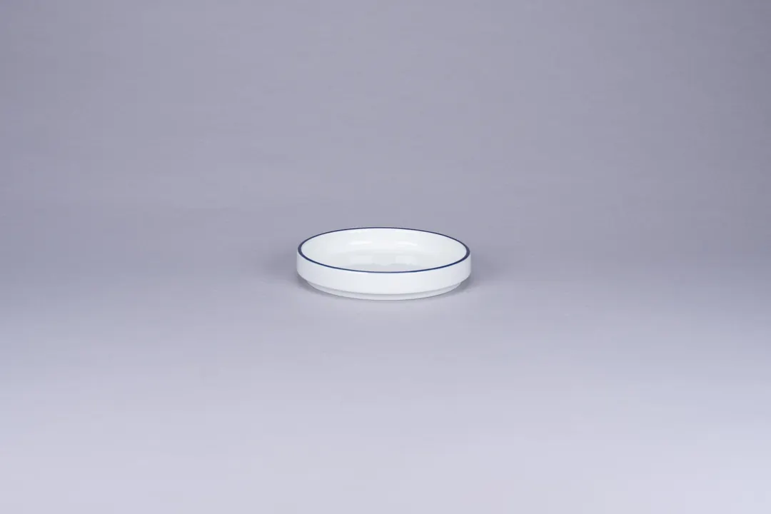 RAK Porcelain PLNOLD12CD25145 Plate, 4.7" Diameter White with Blue Rim, Rimless Edge - 12/Case