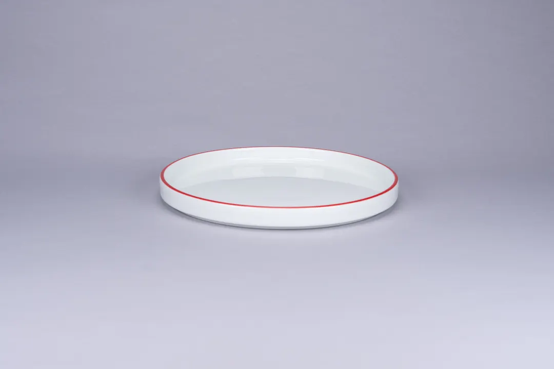 RAK Porcelain PLNOLD23CD25146 - 9.1" Round Rimless Plate, White Red Rim, Porcelain, Sold per Case