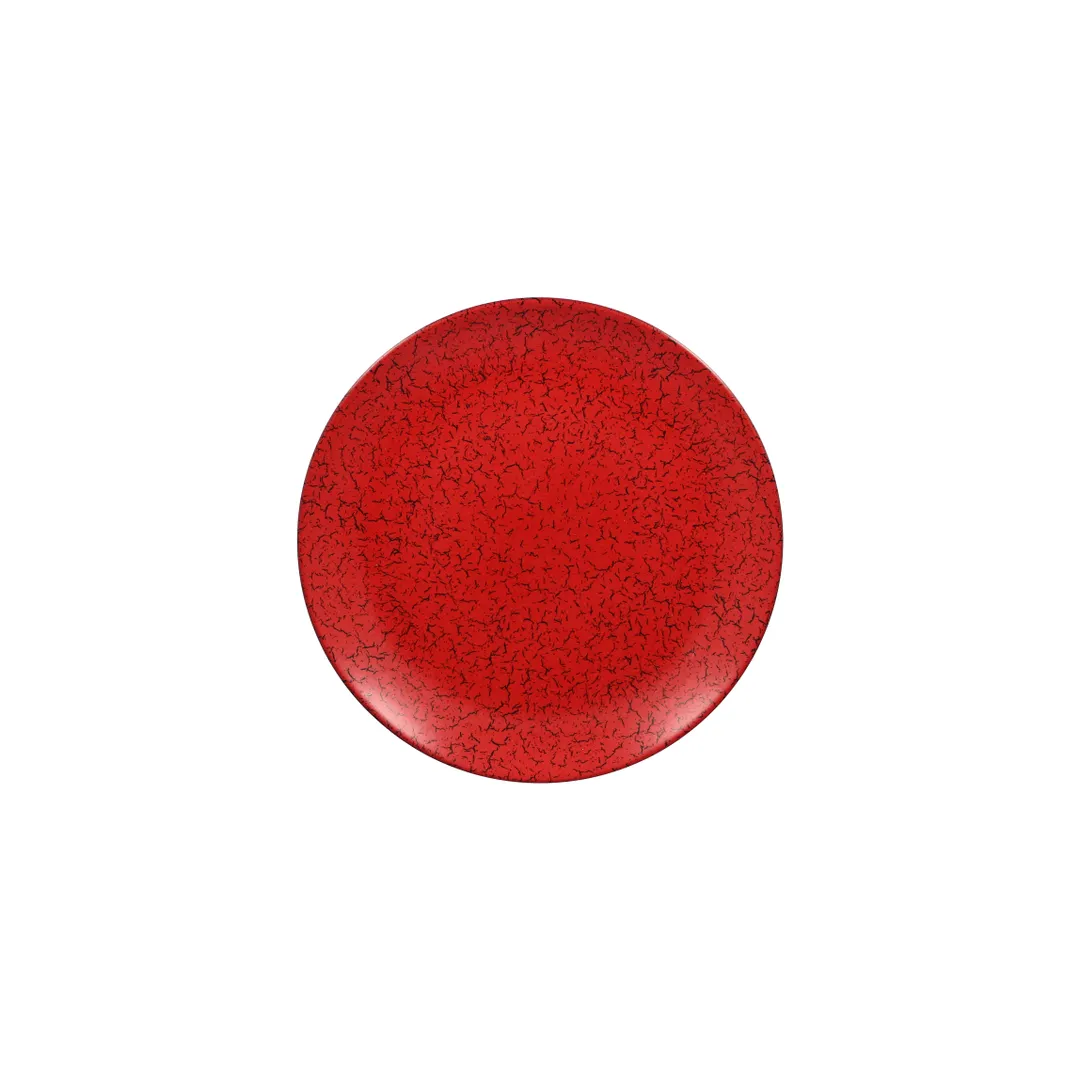 RAK Porcelain RBNNPR24 Ruby Round Plate 9-7/16" Diameter Flat Coupe Rim Red Porcelain Safe - 12/Case