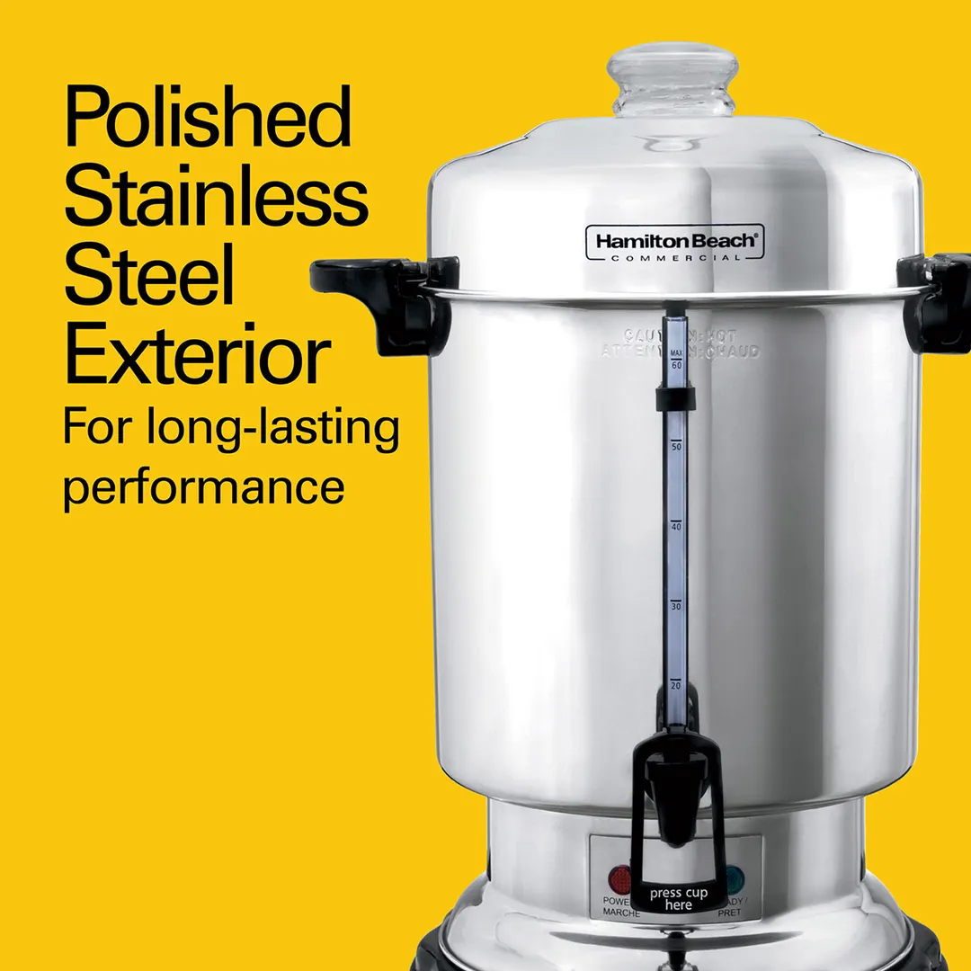 Hamilton Beach D50065 Coffee Urn/Percolator, S.Steel Exterior, 60 Cup Cap. w/ Cup Trip Handle - 120V