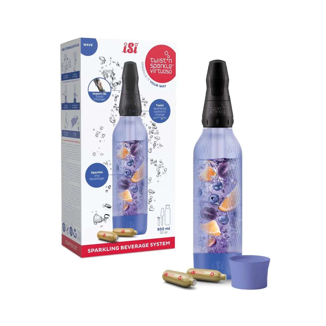 iSi 10951501 Twist’n Sparkle Virtuoso Set, Blue 1 L PET Bottle, Sleeve, CO2 Wand, Soda Chargers