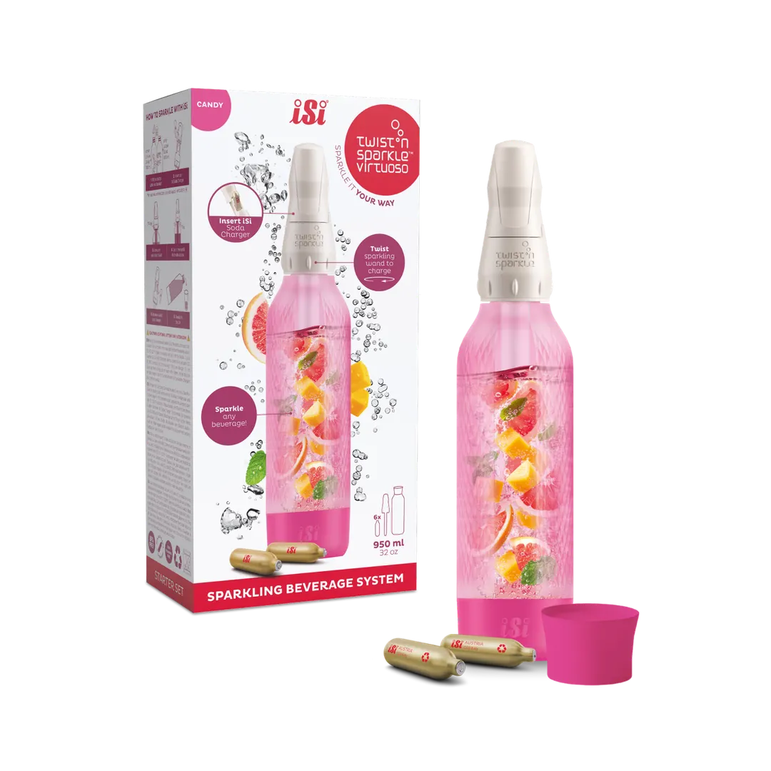 iSi North America 10951901 Sparkle Set, Pink 1‑Liter PET Bottle, CO2 Wand, Cap, 6 Soda Chargers