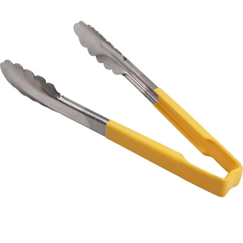 AllPoints 85381 Utility Tongs - 9-1/2" Yellow Handle, Stainless Steel Scalloped Paddle, Kool‑Touch®