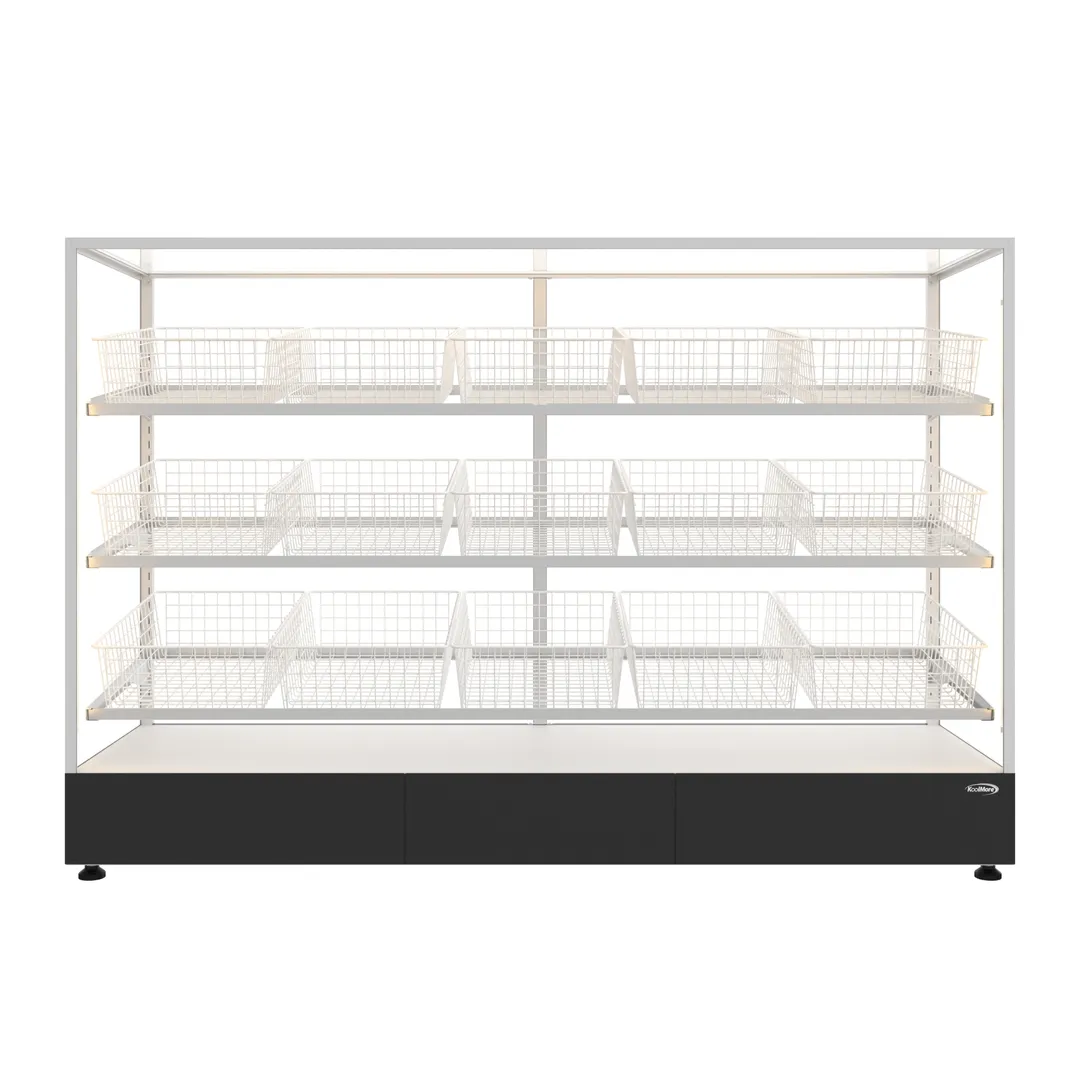Koolmore KM-FDC-B15 73" Wide Display Case, 11.4 cu ft, 3‑Tier, 15 Wire Baskets, Glass, LED Light