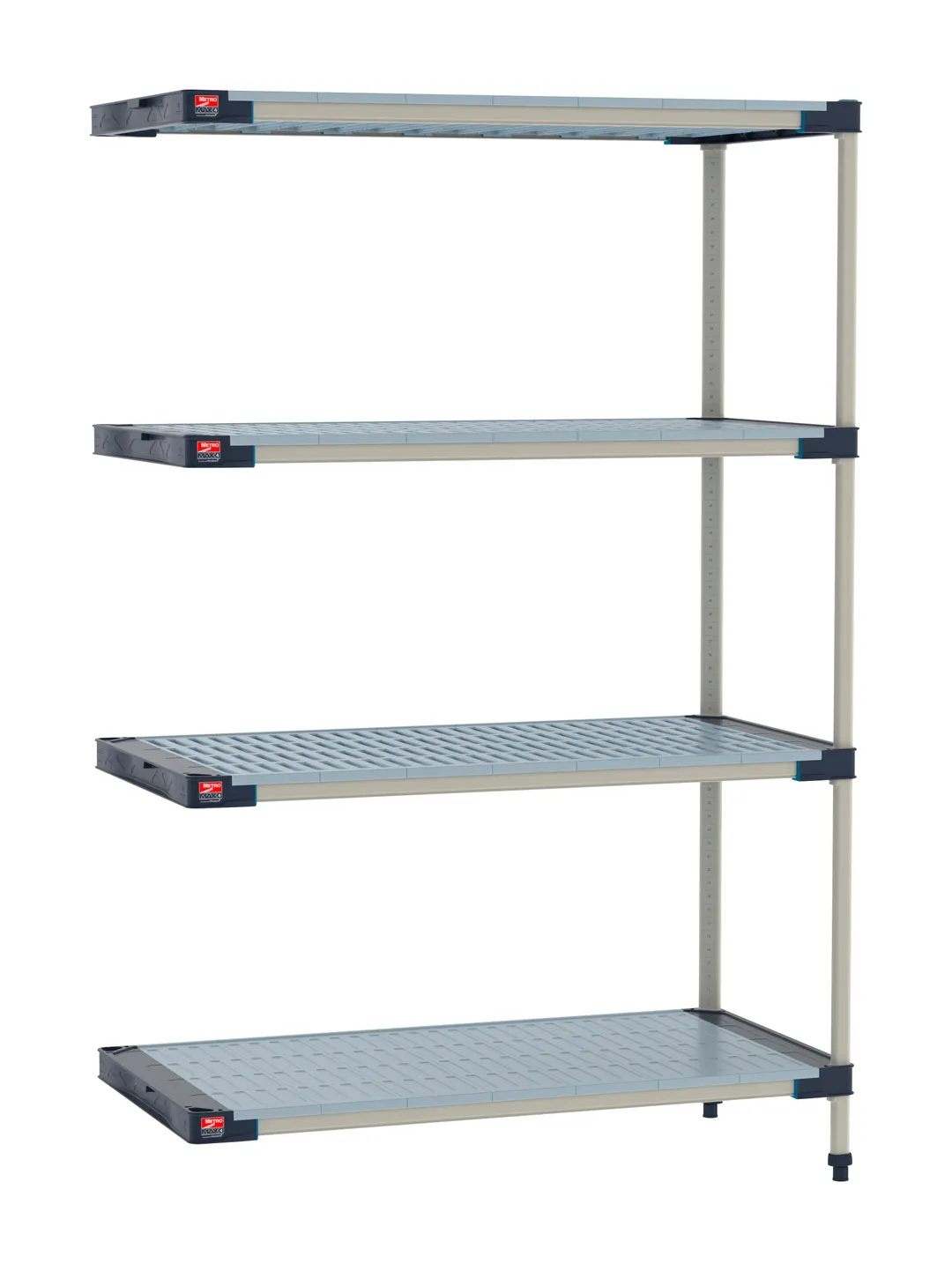 Metro M4-1824GF-74-A4 4‑Tier Add‑On Polymer Shelving Unit, 18" D x 24" W x 74" H, 4 Shelves (3 Open Grid, 1 Solid Mat), 800 lb per shelf, 2000 lb total, NSF‑listed, Microban Protection