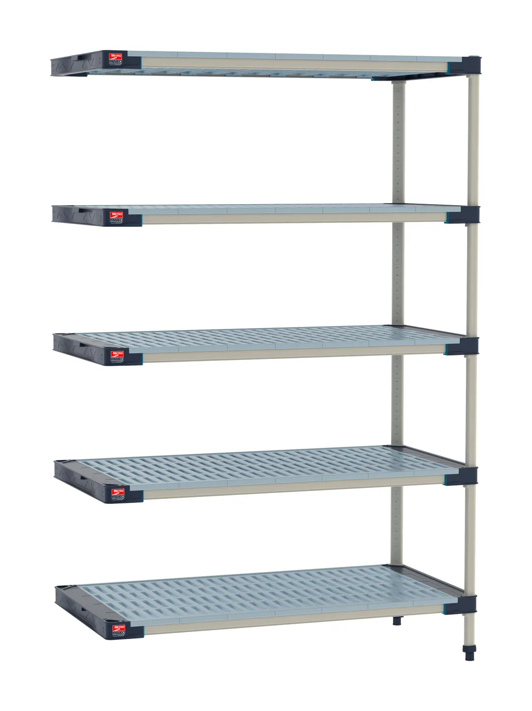 Metro M4-1842G-74-A5 5-Tier Add-On Polymer Shelving Unit, 18" D x 42" W x 74" H, 800 lb per shelf, 2000 lb total, NSF, Microban Antimicrobial Mats, rust‑proof, includes posts, leveler feet, S‑hooks