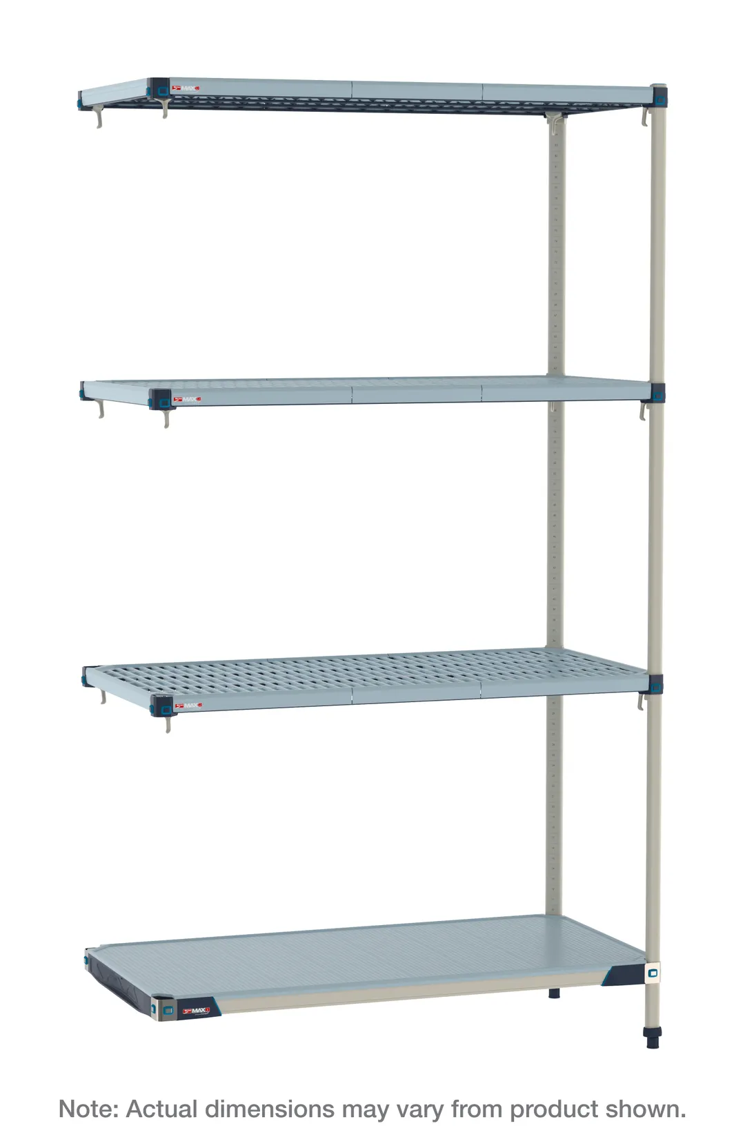 Metro MQ-1854GF-86-A4 4‑Tier Polymer Shelving Unit, 18" D x 54" W x 86" H, 600 lb per shelf, 2000 lb total, includes three open‑grid shelves and one solid shelf, Microban® protection, NSF approved