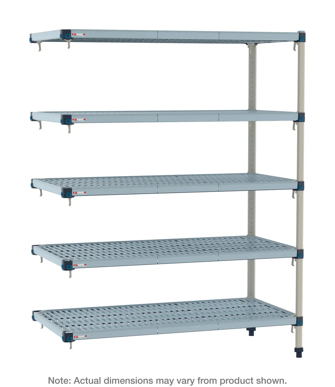 Metro MQ-2424G-63-A5 - 5‑Tier Polymer Shelving Unit, 24" D x 24" W x 63" H, 800 lb per shelf, 2000 lb total, epoxy‑coated frame, Microban® shelf mats, NSF approved, includes wedges and S‑hooks