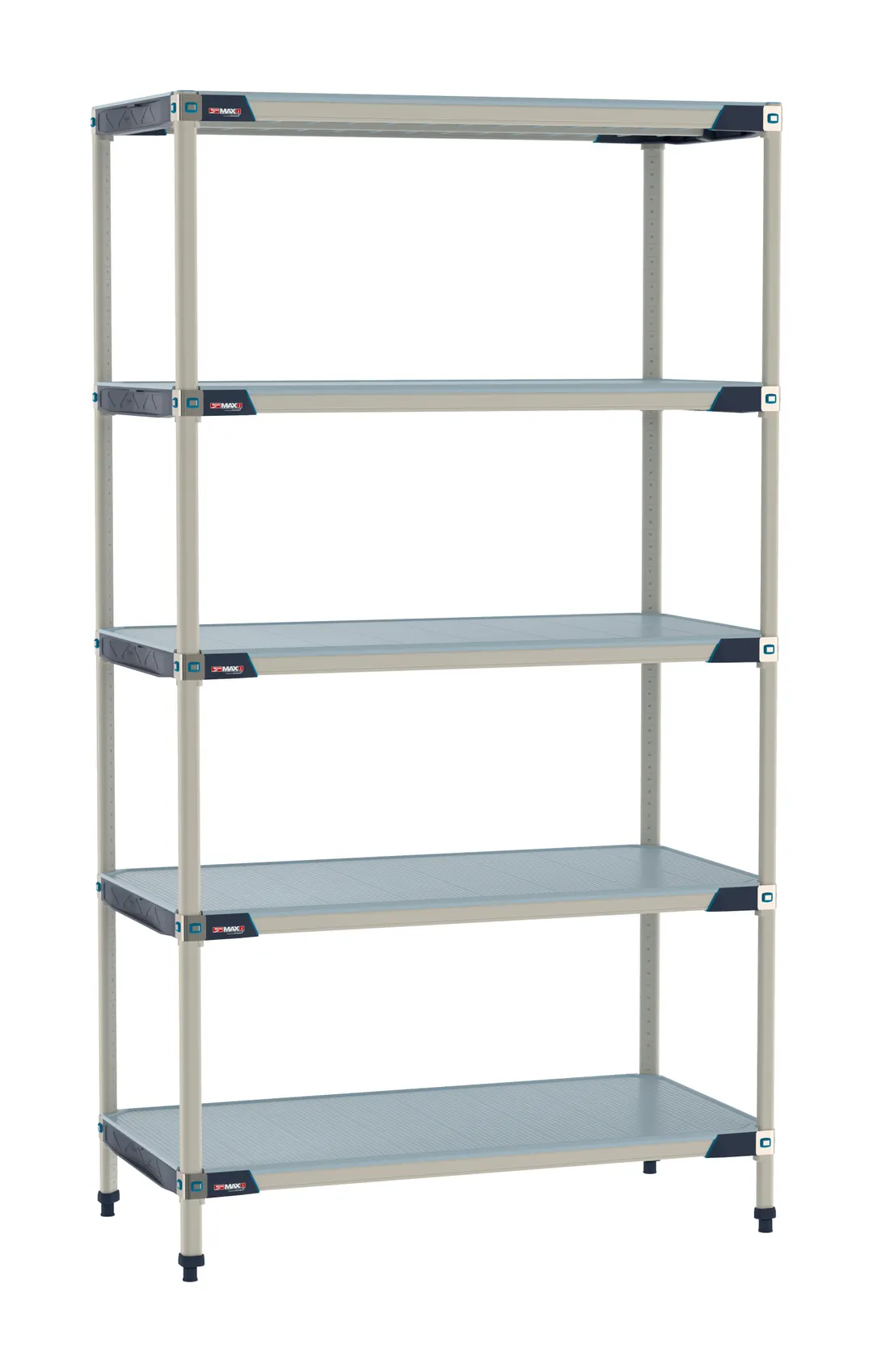 Metro MX-1854F-86-S5 - 5‑Tier Polymer Shelving Unit, 18" D x 54" W x 86" H, 600 lb per shelf, 2000 lb total, rust‑proof solid shelves, stainless steel corners, NSF
