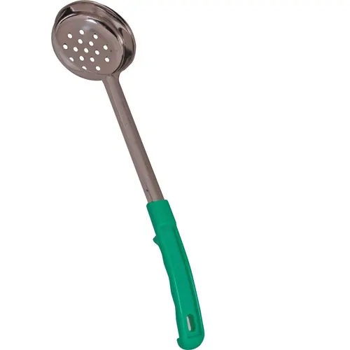 AllPoints 1371099 Spladles™ Perforated Spoon, 4 Oz Green Handle, One‑Piece 18/8 Stainless Steel