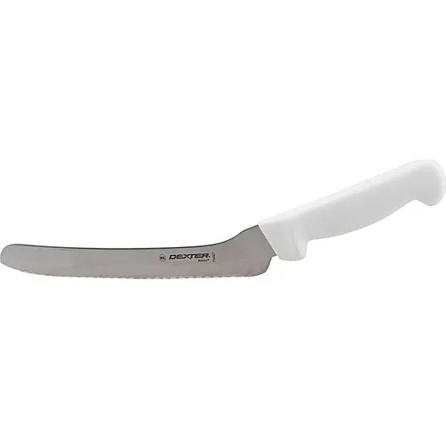 AllPoints 97732 Offset Scalloped Kitchen Knife, 8" Blade, White Handle, Precision Cutting Tool