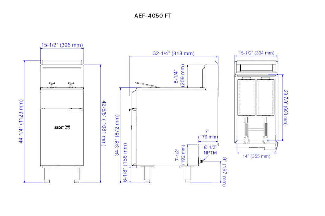 Asber AEF-4050 FT 15" Floor Model Gas Deep Fryer, Full Pot, Liquid Propane, 50 Ibs, 90.000 BTU
