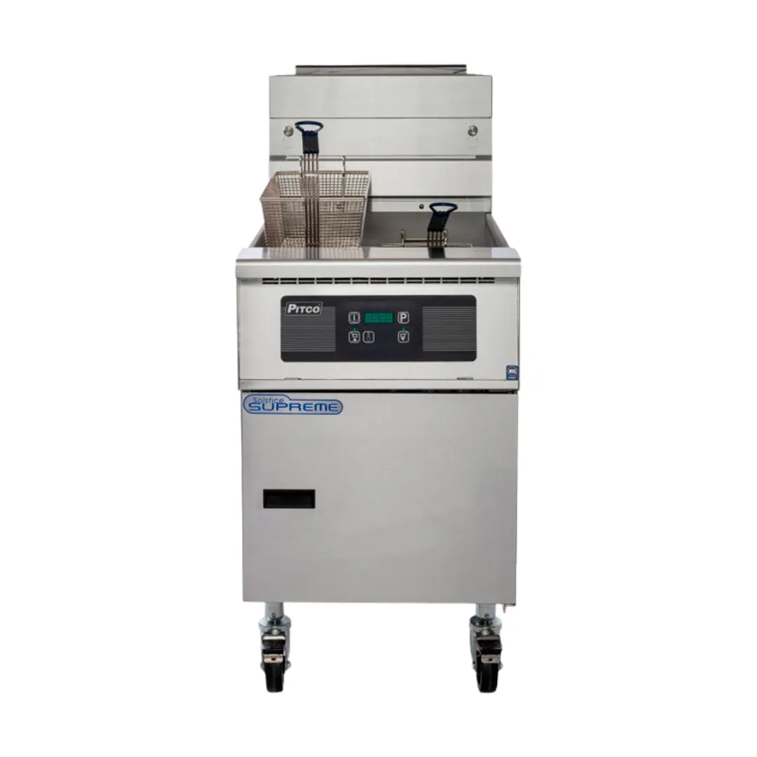 Pitco SSH75-6FD 34" Floor Model Gas Deep Fryer, Multiple Battery, NG/LP, 75 Ibs Capacity, 630000 BTU, Built‑In Filter