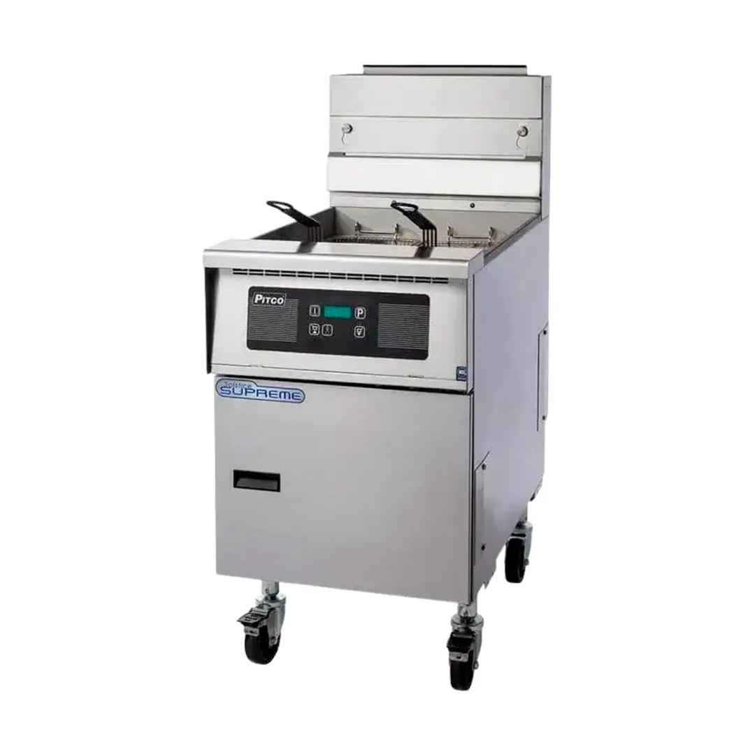Pitco SSH75-6FD 34" Floor Model Gas Deep Fryer, Multiple Battery, NG/LP, 75 Ibs Capacity, 630000 BTU, Built‑In Filter