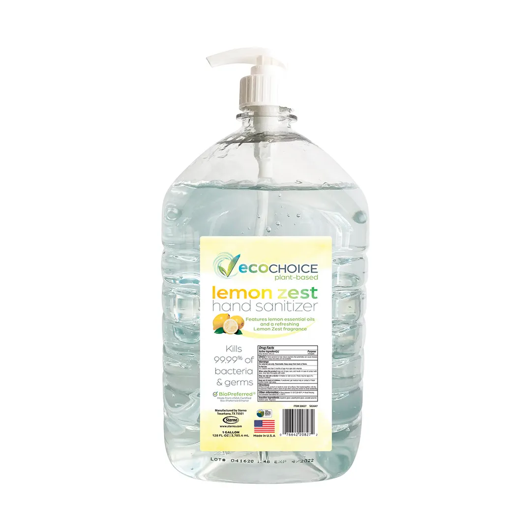 Sterno 20828 Hand Sanitizer, 1 Gallon, 70% Ethyl Alcohol, Lemon Zest, Biobased, Pump - 4/Case