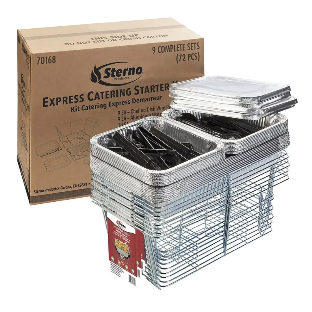 Sterno 70168 Set - 9 Wire Racks, 9 Water Pans, 18 Half Food Pans/Lids, 9 Sporks & Tongs - 1/Set