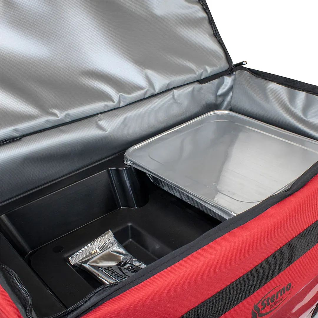 Sterno 71576 Red Insulated Food Carrier 15" x 23" x 13.5" Leak‑Proof Bag Holds Six Pans, Vinyl Liner