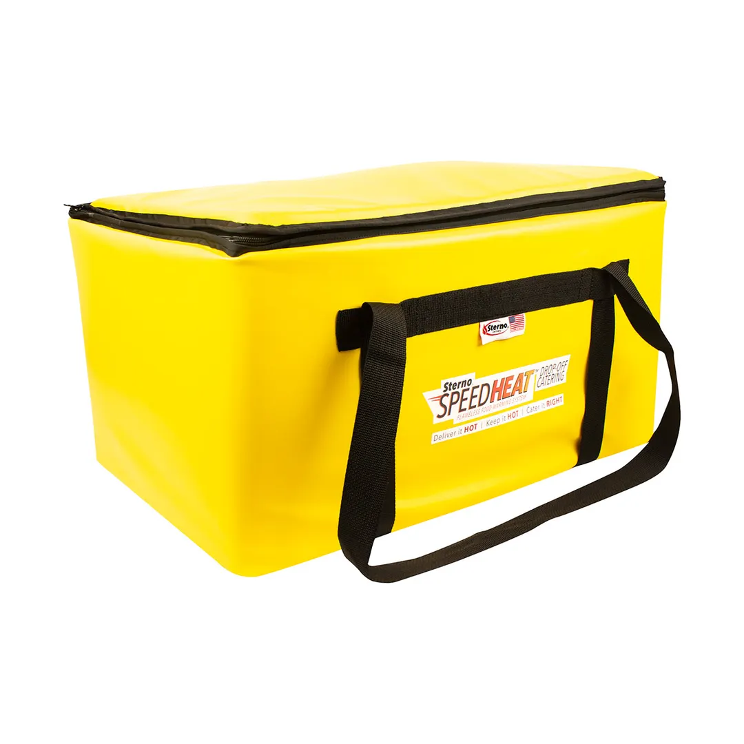 Sterno 72038 - Insulated Food Delivery Bag, 16"L x 24"W x 14"H, Yellow Watertight Antimicrobial Vinyl Liner, Holds 3 Pans or 3 SpeedHeat™ Kits, Multi‑Layer Foam Insulation, Reinforced Stitching