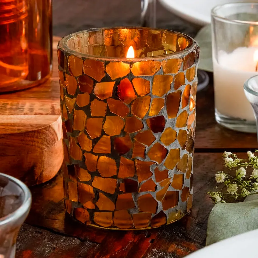 Sterno 80100 Morocco Candle Lamp, 3.5" H x 2.63" Dia., Mosaic Amber Glass, Wax Candle - 6/Case