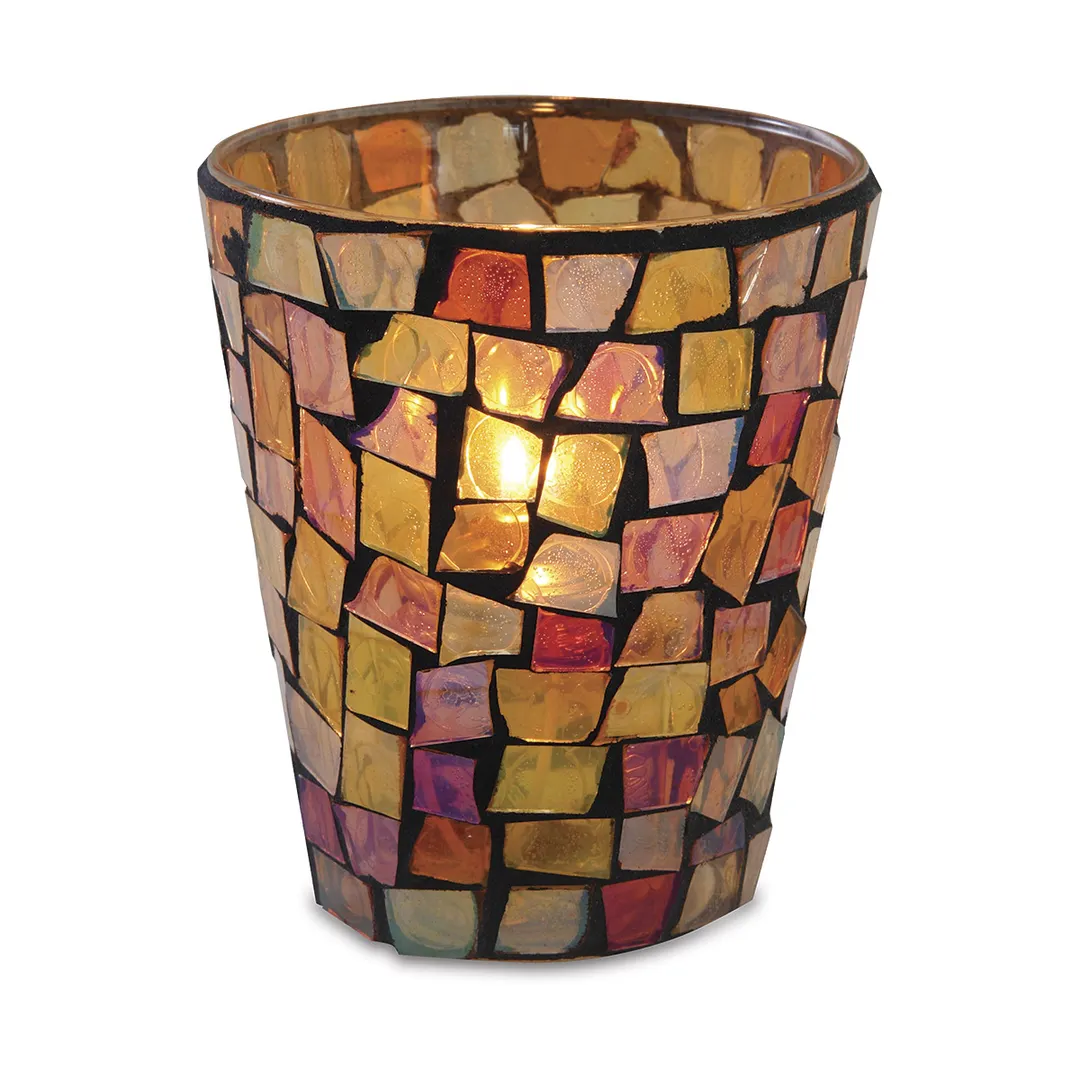 Sterno 80124 Industrial Chic Morocco Lamp, 3¼" H x 3⅜" Dia., Round Glass Candle Holder, Fall Mosaic Finish- Case