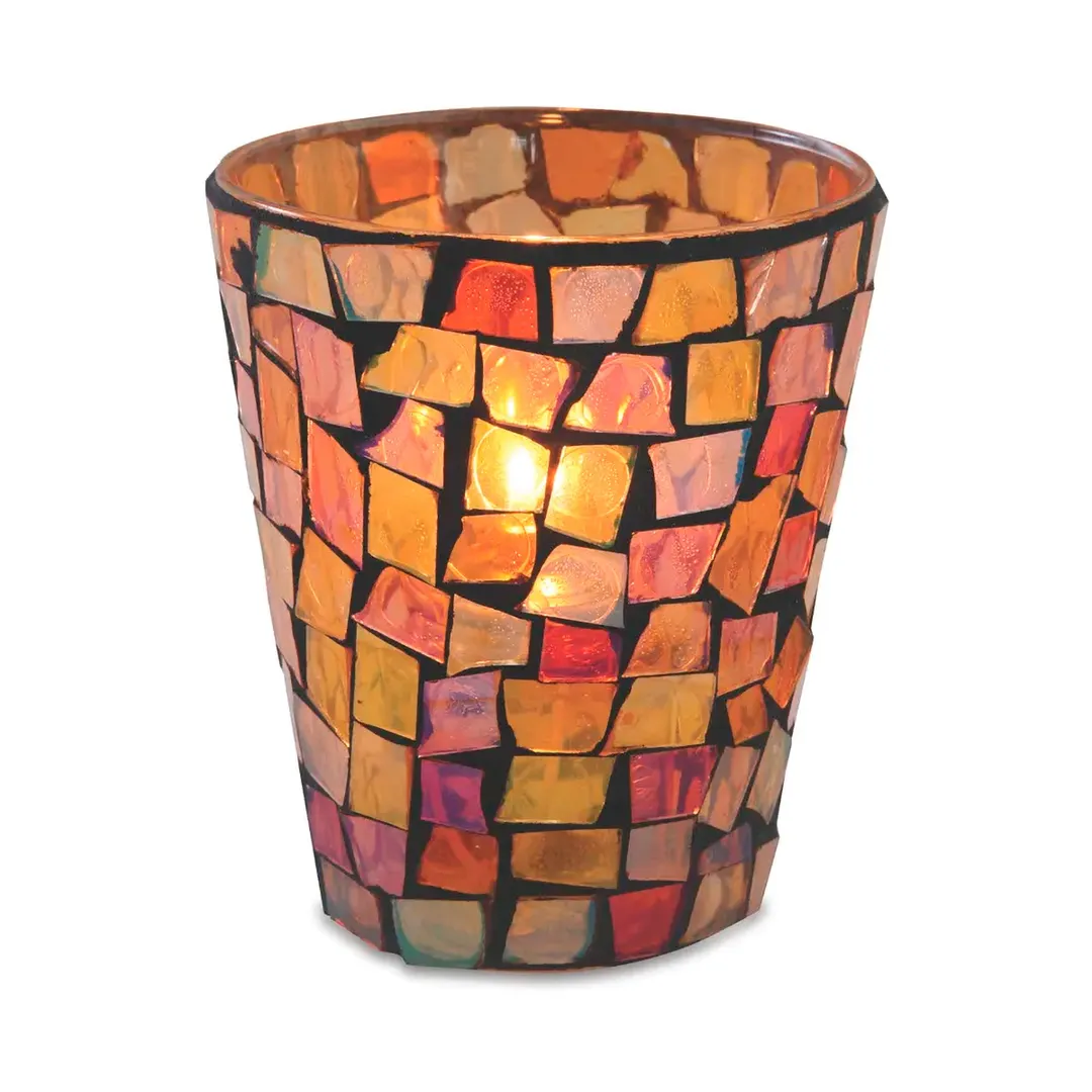Sterno 80124 Industrial Chic Morocco Lamp, 3¼" H x 3⅜" Dia., Round Glass Candle Holder, Fall Mosaic Finish- Case