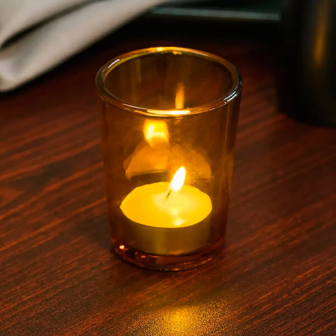 Sterno 80282 Luna Votive Lamp, 3" H x 2-3/8" Dia., Amber Glass, Petite Round - 6/Case