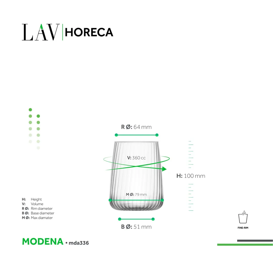 LAV HORECA MDA336 Modena Stemless Wine Glass, 12.25 oz, 4" Height, 2½" Rim, Finish - 12/Case