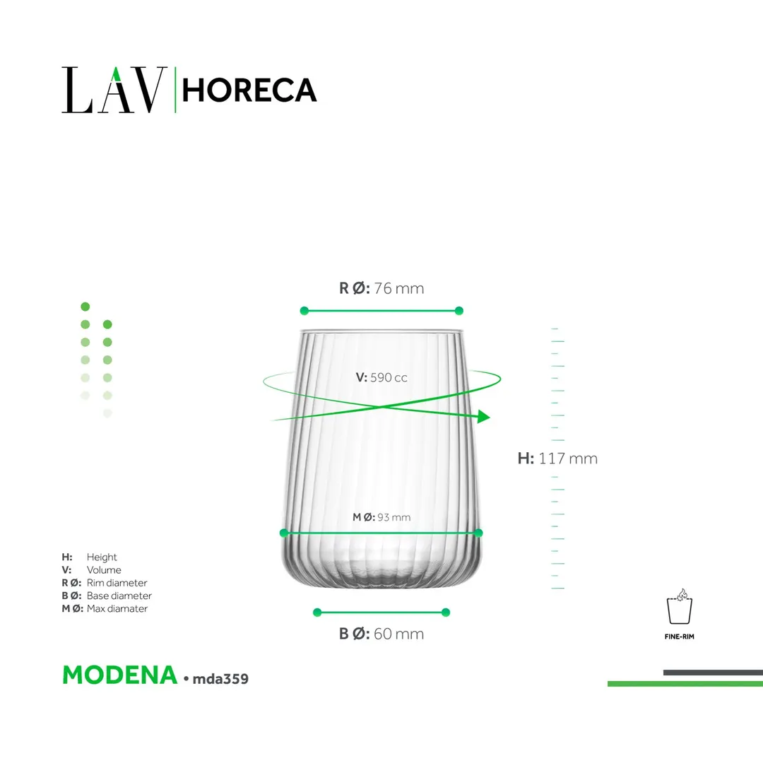 LAV HORECA MDA359 - Modena Stemless Wine Glass, 20‑24 oz, 4½" H, 3" R⌀, Soda Lime Glass - 12/Case