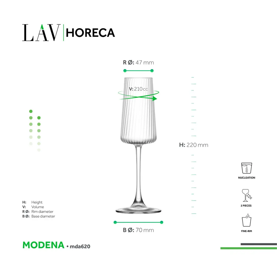 LAV HORECA MDA620 Modena Champagne Flute Glass, 7 oz, Fine Rim Soda Lime, Stem Base - 12/Case